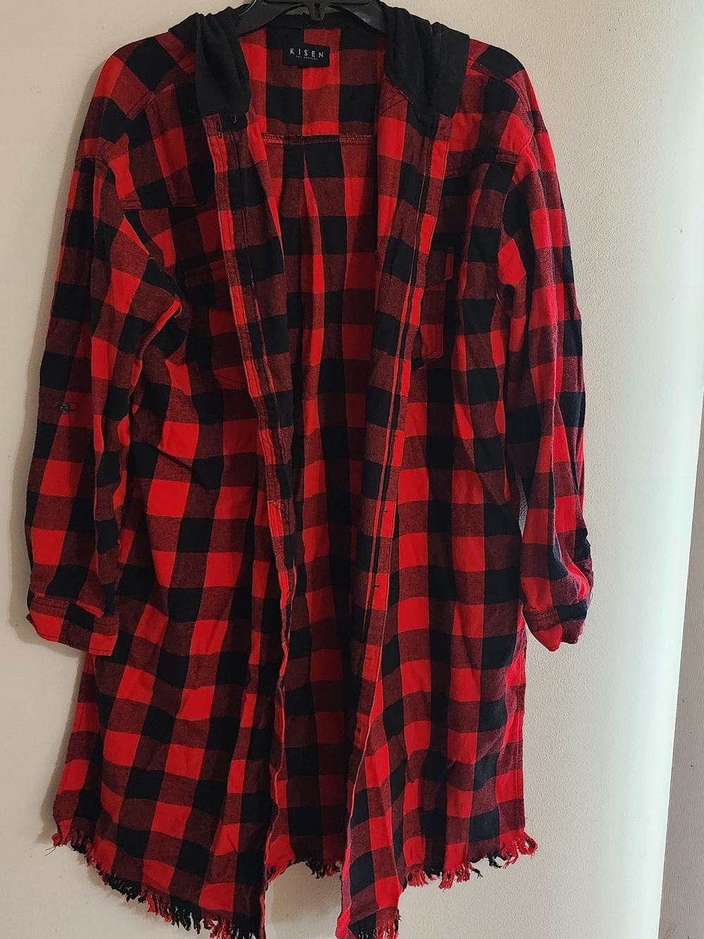 Risen Red Black Buffalo Plaid Hooded Flannel Shacket Raw Hem Size L